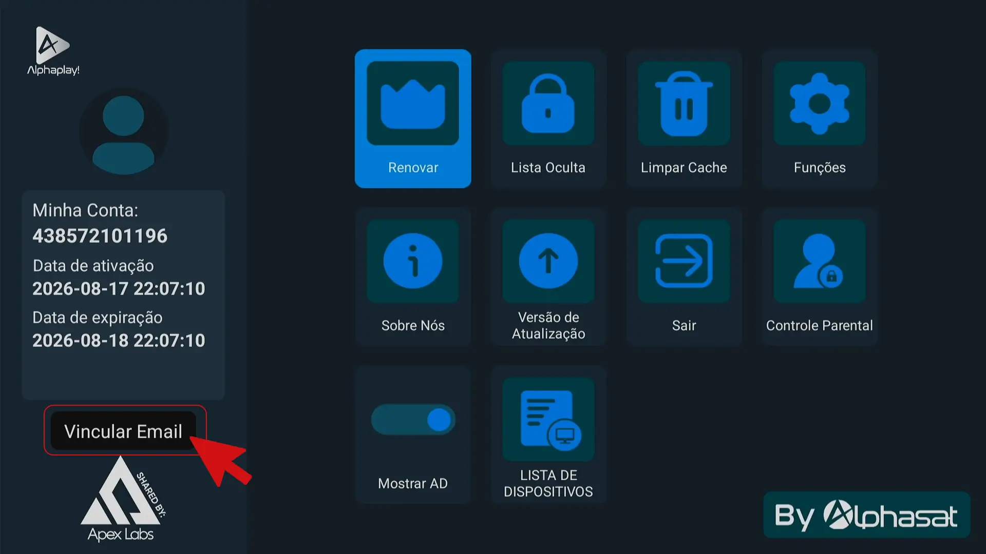 Tela Perfil do AlphaPlay com o botão Vincular Email